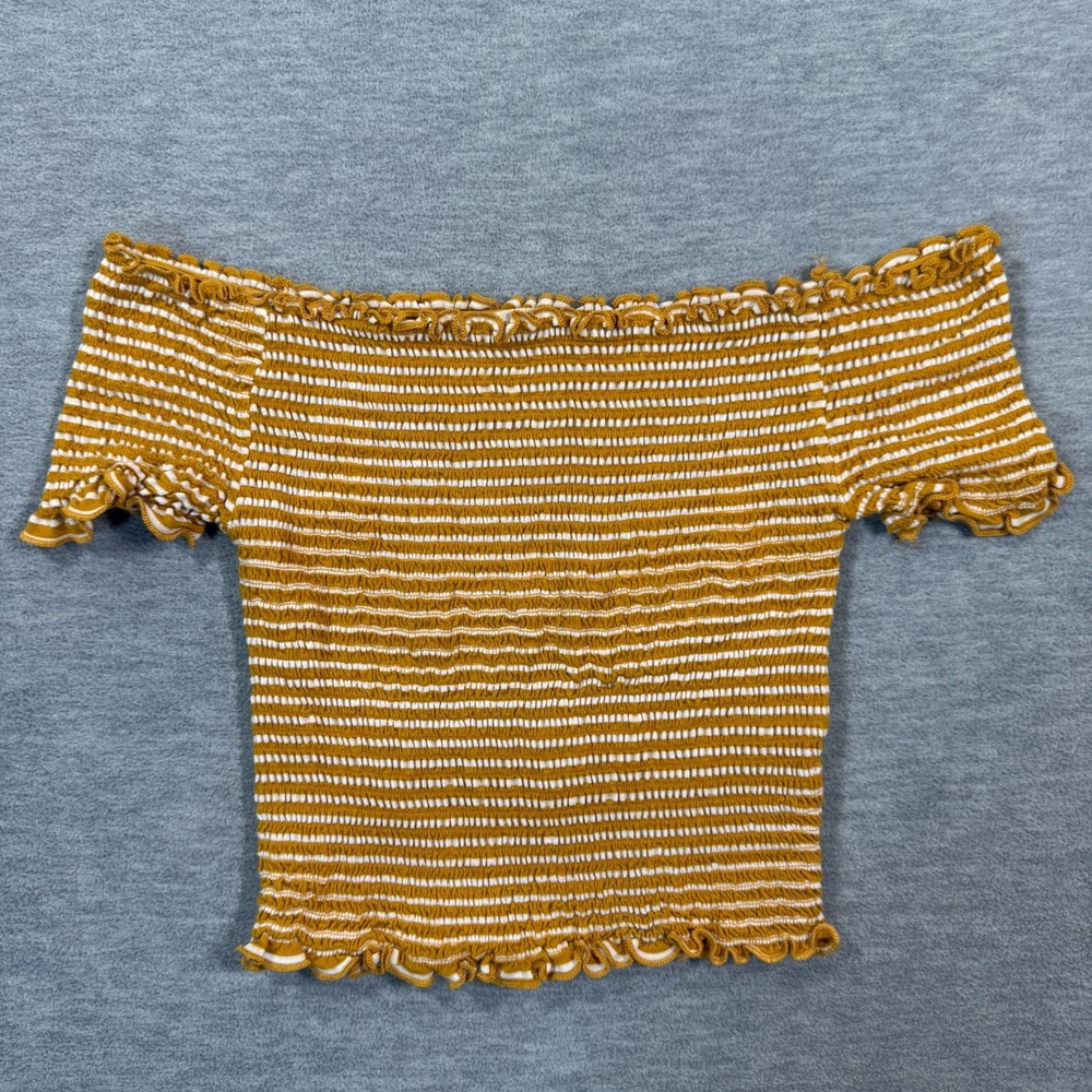 Hearts Hips Top Women M Petite Yellow White Striped Off Shoulder Stretch Crop